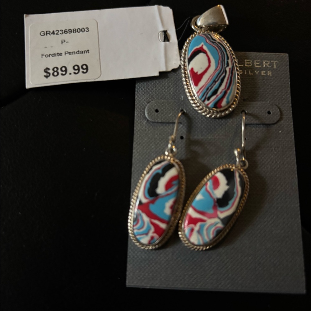 Beautiful Fordite Pendant and Earrings Set by Charles Albert